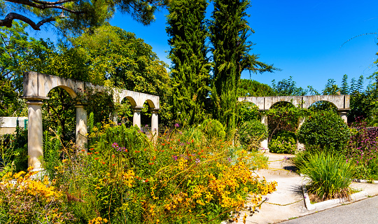 Nice, France - July 30, 2022: Parc Phoenix Park botanic and zoology garden with greenhouse and outdoor flora in Ouest Grand Arenas district of Nice on French Riviera