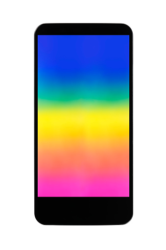 Close-up of a smartphone with rainbow screen, isolated on white with clipping path.