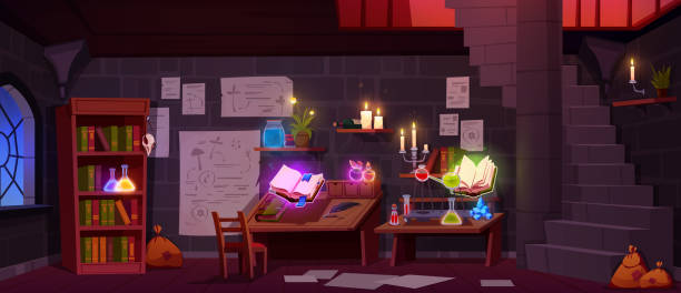 istock Alchemical laboratory with magic books and potions 1476993319