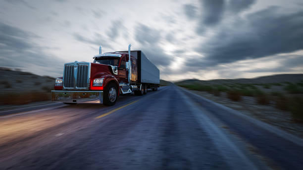 istock American style truck on freeway pulling load. Transportation theme. 3D illustration 1476994255