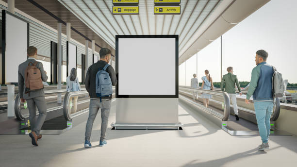 3D Render. Blank billboard in corridor the airport. Useful for your advertising.