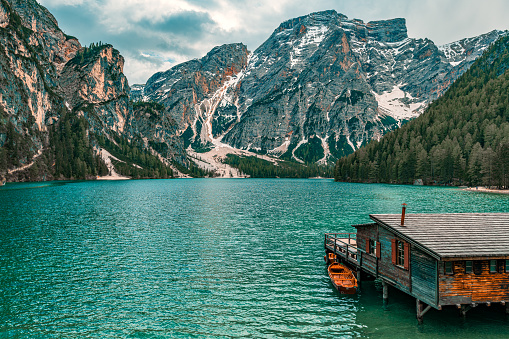 Boathouse at the Lago di Braies (Pragsersee) in the Dolomite Mountains - Italy, Europe
