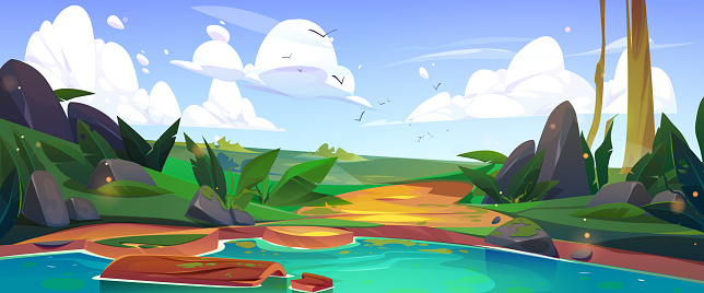 Summer landscape with green grass, lake water, tree, clouds and flying birds in sky. Nature scene with fields, river or pond shore, stones and log, vector cartoon illustration