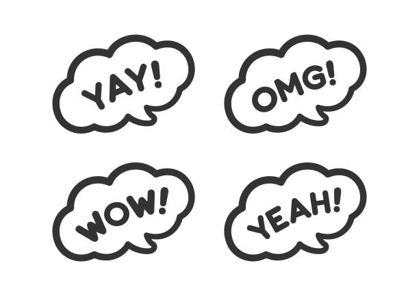 ilustrações de stock, clip art, desenhos animados e ícones de cute speech bubble with short phrases yay, omg, wow, yeah, online messaging icon set. simple flat vector illustration. - omg