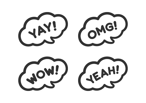 Cute speech bubble with short phrases yay, omg, wow, yeah, online messaging icon set. Simple flat vector illustration.
