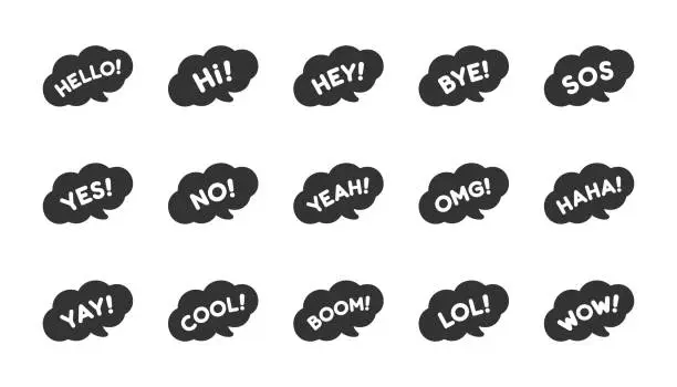 Vector illustration of Cute speech bubble with short phrases hello, bye, yes, no, yay, cool, wow, haha icon set. Simple flat vector illustration.