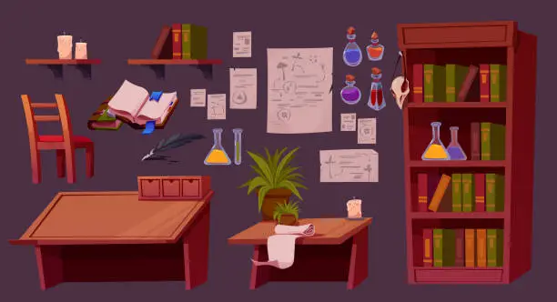 Vector illustration of Cartoon set of furniture for alchemist room