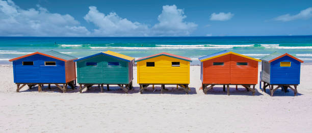 무이젠베르크 비치 케이프타운의 다채로운 비치 하우스, 비치 오두막, 무이젠베르크, 케이프타운, 거짓 베이, 남아프리카 공화국 - cape town beach hut multi colored 뉴스 사진 이미지