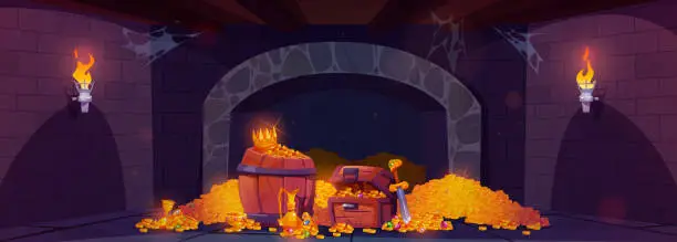 Vector illustration of Castle dungeon with treasure and gold money piles