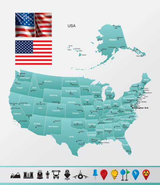 United States of America High detailed map оf United States with navigation and travel icons. alabama map of cities stock illustrations