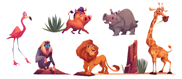 African wild animals from safari park, zoo or savanna in Africa. Cute characters of hippo, lion, giraffe, baboon, flamingo and warthog isolated on white background, vector cartoon set