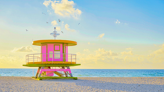 istock Lifeguard hut on the beach in Miami Florida, colorful hut on the beach during sunrise Miami Beach 1477008249