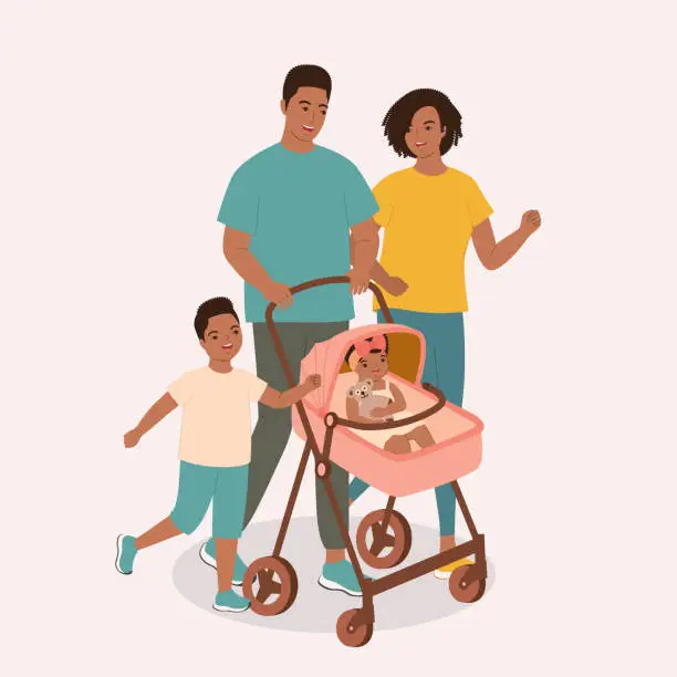 Vector illustration of Black Family Walking Together With Child In A Stroller.