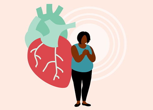 One Overweight Black Woman With Hand On Chest Having A Heart Disease. Heart Attack. Isolated On Color Background.