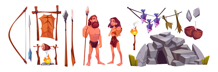 Prehistoric cave people. Ancient primitive caveman family, hunting tools, fire and food. Neanderthal man and woman with baby, primeval ancestors, vector cartoon illustration