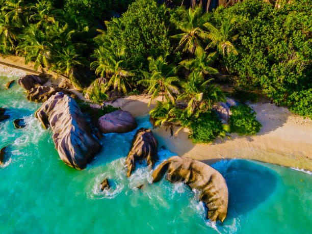 istock Anse Source d'Argent beach, La Digue Island, Seyshelles, Drone aerial view of La Digue Seychelles bird eye view 1477019272