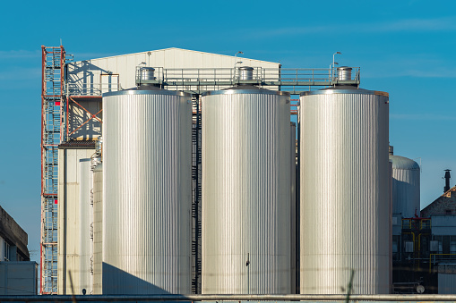Brewery malt storage silo tanks and industrial building