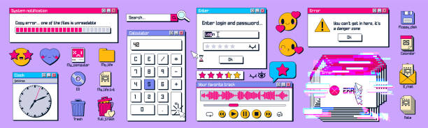 Old computer windows and icons set on background Old computer windows and icons set isolated on background. Vector illustration of retro 80s 90s pc user interface elements. Calculator, login, system error notification, emoji, thumbnails and files windows folder icon stock illustrations