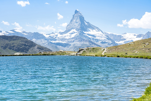 Alpine landscape mit famous Matterhorn peak and Stellisee, Zermatt,  Switzerland