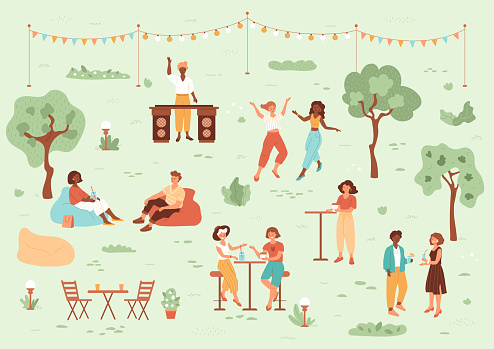 DJ, girls dance, chat and drink coffee and lemonade. Man in cushion chair on the grass. Public park with trees, light bulbs, cafe. Vector concept illustration.