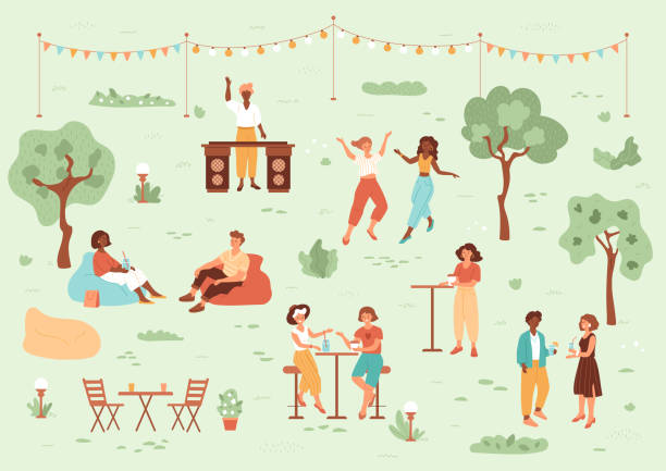 People walking on summer festival. DJ, girls dance, chat and drink coffee and lemonade. Man in cushion chair on the grass. Public park with trees, light bulbs, cafe. Vector concept illustration. bean bag illustrations stock illustrations