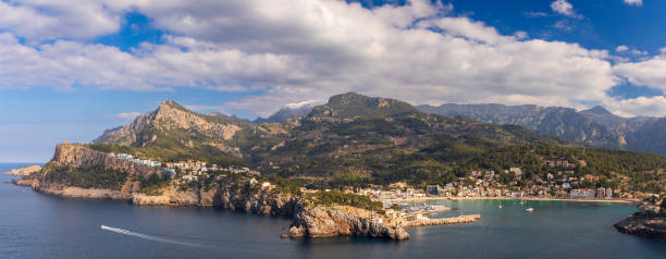 The amazing views of port de Soller Majorca wih the Tramuntana mountains rising behind