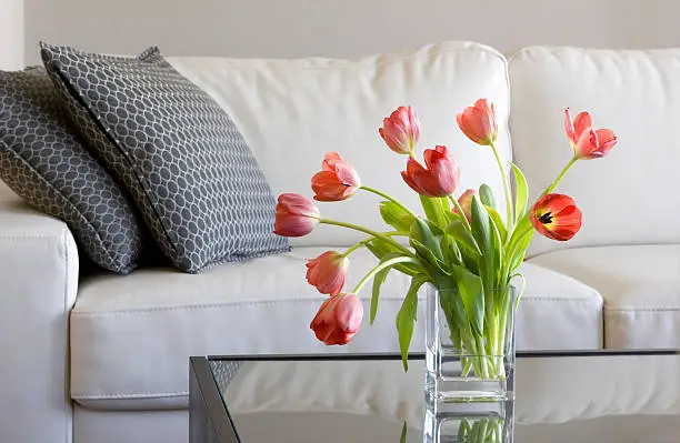 Photo of red tulips in modern living room - home decor