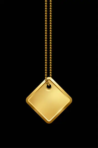 Vector illustration of Empty rhombus golden military or dogs badge hanging on chain. Vector army object isolated on black background. Pendant with blank space for identification, blood type in case of death and injury