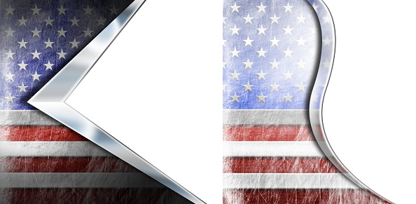 Two national flags of the United States of America, USA (American flag), with geometric shape, isolated on white background, 3D illustration.