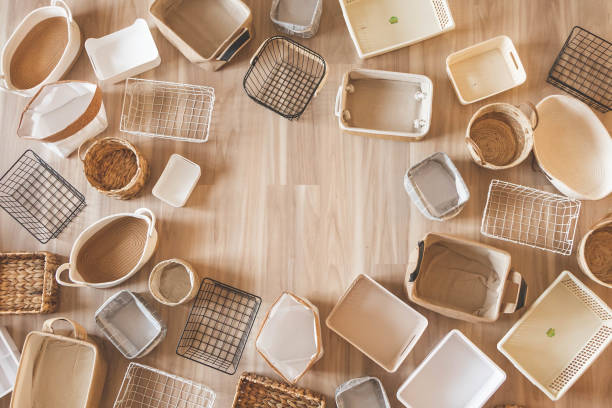 istock Flat lay of storage boxes; containers and baskets with different sizes and shapes 1477036947