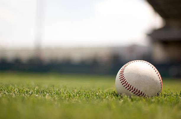 Baseball on Field Baseball on grassy field with defocused stadium and sky in background baseball ball photos stock pictures, royalty-free photos & images