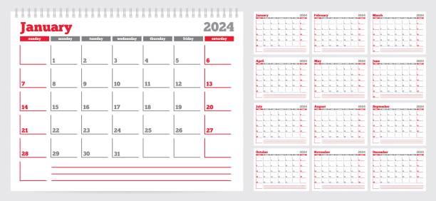 szablon planera kalendarza 2024. tydzień rozpoczyna się w niedzielę. zestaw 12 miesięcy. ilustracja wektorowa - calendar tax april day stock illustrations