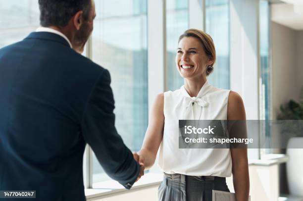 Handshake Meeting And Business People Partnership For B2b Collaboration Onboarding Welcome Or Professional Opportunity Corporate Woman Or Clients Shake Hands For Deal In Office Building Interview Stock Photo - Download Image Now