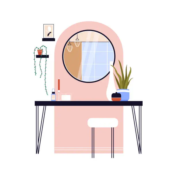 Vector illustration of Modern hallway with painted wall arch, circle mirror, console table, candles and houseplants