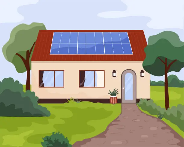 Vector illustration of Installed solar panel on the roof of a residential private house