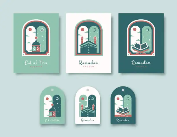 Vector illustration of Ramadan Kareem. Set of Islamic greeting card and gift tags with Kaaba, Quran, lanterns. Vector holiday illustration in green colors for your holliday design.