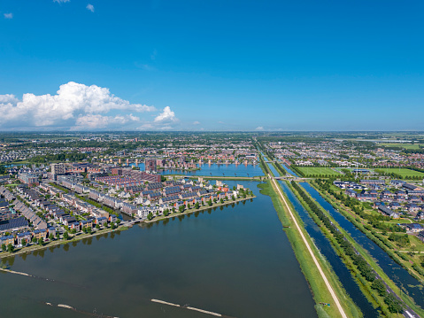 Aerial view with Stad van de Zon, City of the Sun in Heerhugowaard. Province of North Holland in the Netherlands