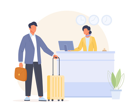Man character arriving hotel. Hotel arriving, business trip service concept. Receptionist in the lobby meets the guest in hotel reception. Flat people vector Illustration