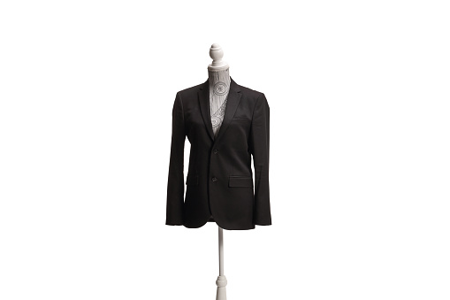Mannequin doll with a black suit isolated on white background