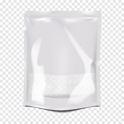 Glossy resealable plastic bag with clear window and zip lock on transparent background vector mock-up. Empty blank zipper stand-up pouch realistic mockup. Food package template