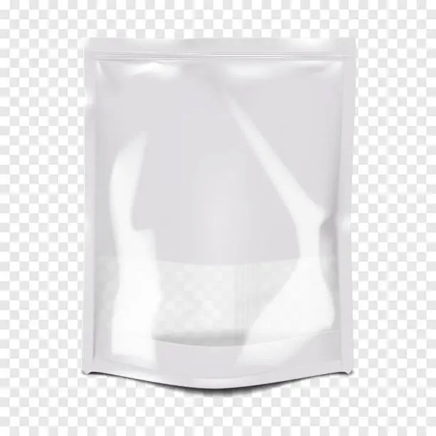 Vector illustration of Glossy resealable plastic bag with clear window and zip lock on transparent background vector mock-up. Empty blank zipper stand-up pouch realistic mockup. Food package template