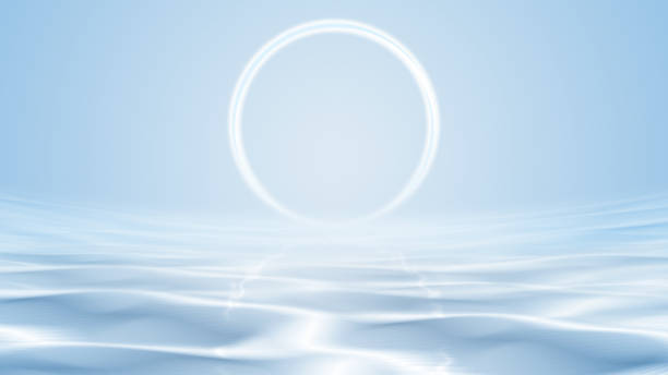 Glowing halo suspended on blue water with reflection 3D rendering Glowing halo suspended on blue water with reflection 3D rendering gloriole stock illustrations