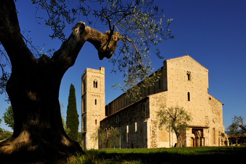 medieval monastery with abbey church nAhe Motalcino Tuscany Italy