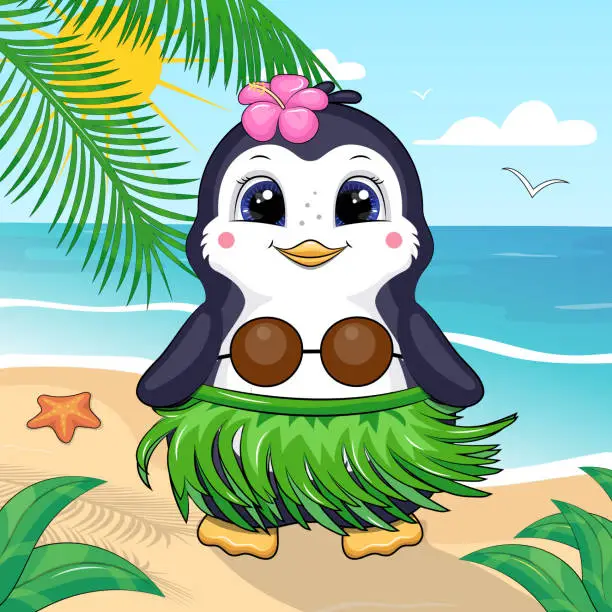 Vector illustration of Cute cartoon Hawaiian penguin on the beach.