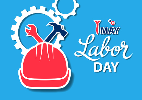 Celebrating the International Labor Day in 1st May with paper craft of helmet, wrench, hammer, screw and nut fastener on the gear wheels background showing the right of laborr