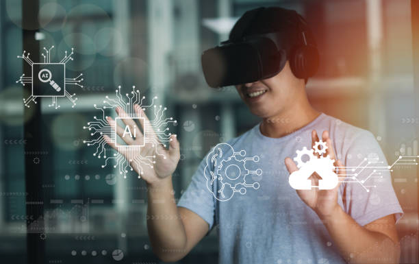 istock Virtual reality, businessman with vr headset, globalization or future business innovation. Knowledge metaverse, icons overlay, AI artificial intelligence technology. 1477049544