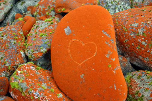 Stone with a note. Unusual red-orange rocks with delineated heart. Hollyford track. South Island. New Zealand