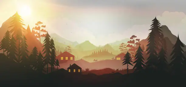 Vector illustration of Village in mountains forest scene