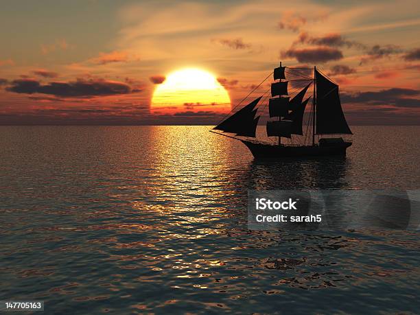 Ship Out At Sea During Sunset Stock Photo - Download Image Now - Dusk, Horizontal, Illustration