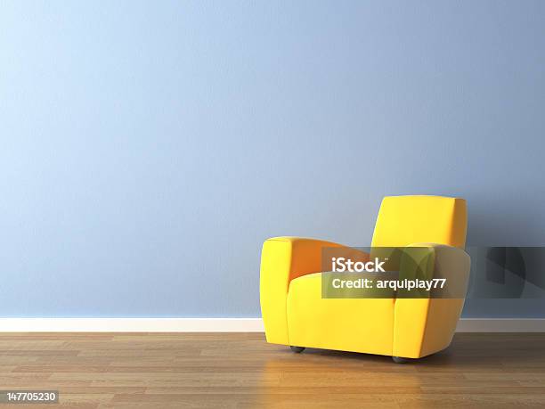 Interior Design Yellow Armchair On Blue Wall Stock Photo - Download Image Now - Architecture, Armchair, Blue